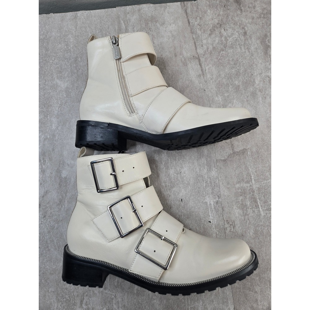 Blondo Waterproof Moto Boots 7.5 Off White Leather Triple Buckle Lug Sole Biker - Picture 5 of 10